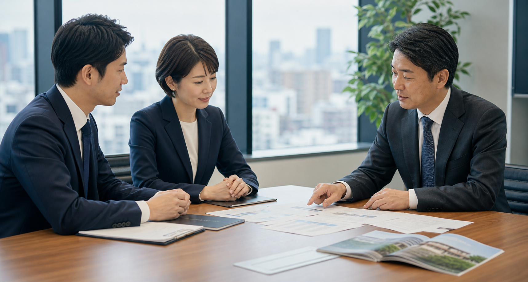 京都の日本語学校M&Aについて資料を確認しながら協議する打ち合わせ風景