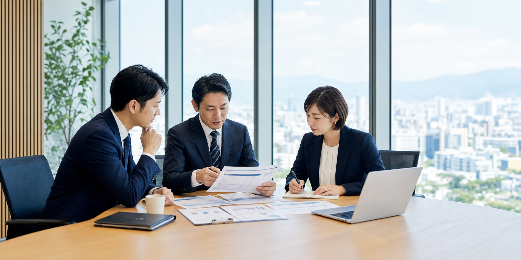 名古屋の街並みを望む会議室で日本語学校M&Aの承継実務を協議する様子