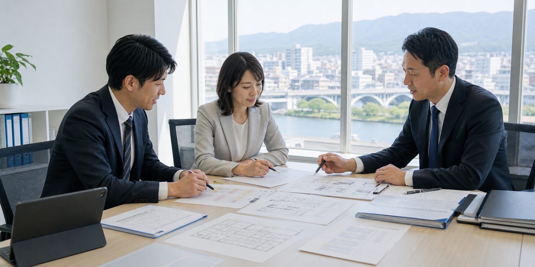 新潟の街並みを背景に日本語学校M&Aの承継実務を相談するビジネス面談イメージ