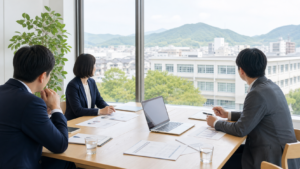 岡山の街並みを望む会議室で日本語学校M&Aを検討する様子