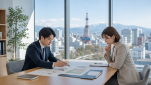 札幌の街並みを背景に日本語学校M&Aの資料を確認する実務打ち合わせ風景