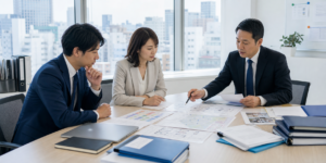 東京の日本語学校M&Aについて資料を見ながら承継実務を整理している様子
