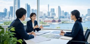 横浜の街並みを望む会議室で日本語学校M&Aの実務を協議する様子