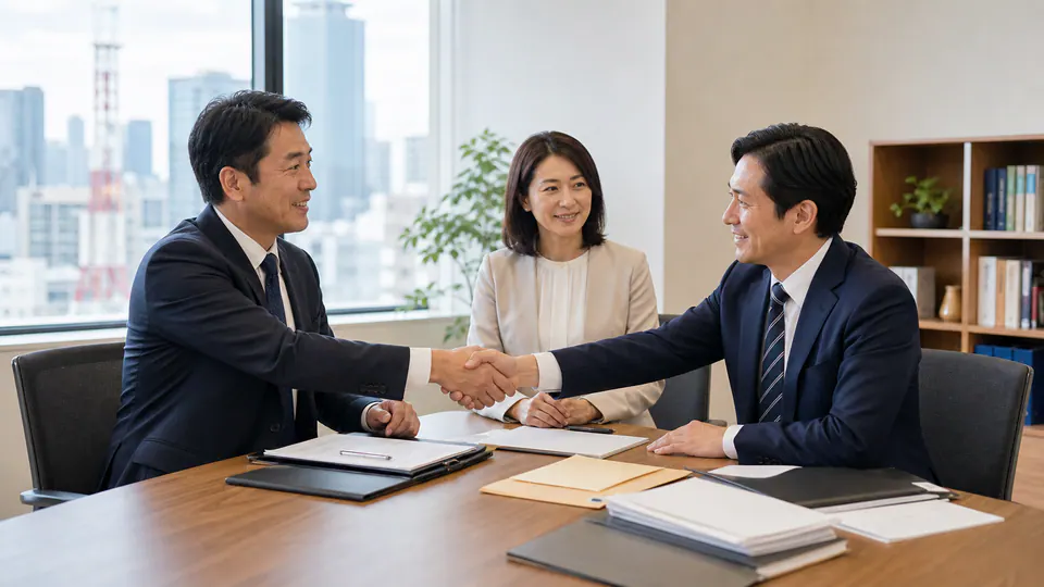 都市部の日本語学校の承継について面談する関係者