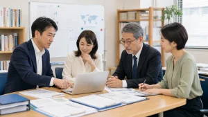 日本語学校の認定制度と教員体制について資料を確認する担当者