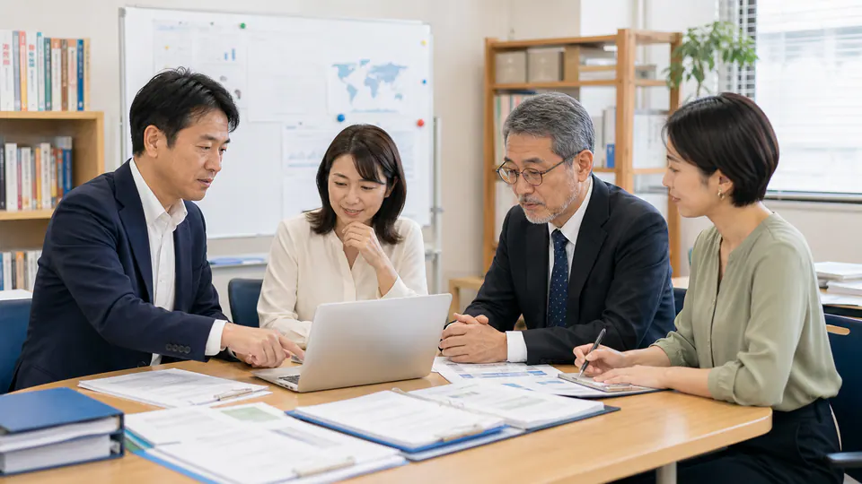 日本語学校の認定制度と教員体制について資料を確認する担当者