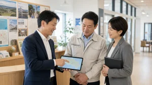地域の日本語学校の承継について相談する学校関係者