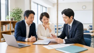 日本語学校の売却前チェックリストを確認する経営者とアドバイザー