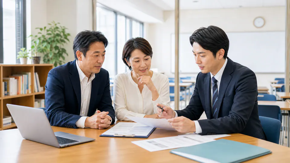 日本語学校の売却前チェックリストを確認する経営者とアドバイザー
