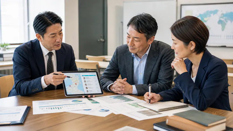 日本語学校M&Aの候補先選定について資料を見ながら話し合う様子