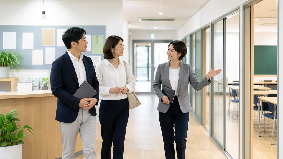 日本語学校の校舎を確認しながら承継条件を整理する様子