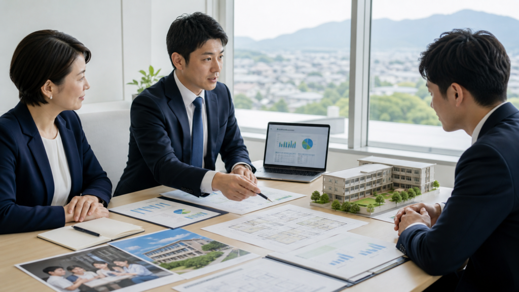 福井の日本語学校M&Aをイメージした校舎模型と承継資料を囲む会議風景