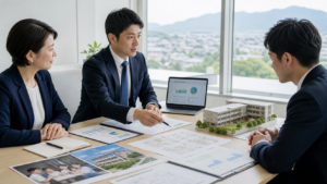 福井の日本語学校M&Aをイメージした校舎模型と承継資料を囲む会議風景