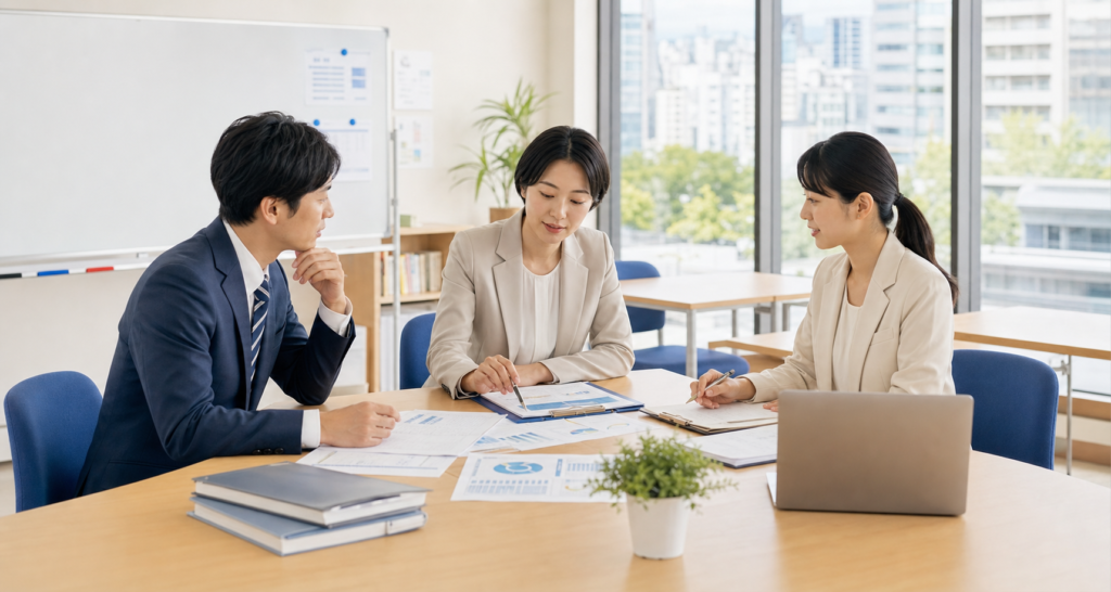 日本語学校の事業承継に向けて資料を確認しながら引継ぎ計画を協議する様子