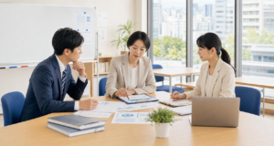日本語学校の事業承継に向けて資料を確認しながら引継ぎ計画を協議する様子
