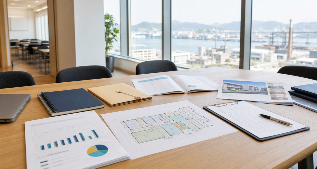 北九州の日本語学校M&Aに関する資料を確認する実務打ち合わせ風景