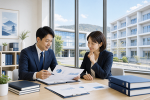 高松で日本語学校M&Aを検討する経営者と校舎資料を表現したアイキャッチ画像