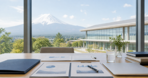 山梨の街並みと書類を背景に日本語学校M&Aの検討場面を表現したアイキャッチ画像