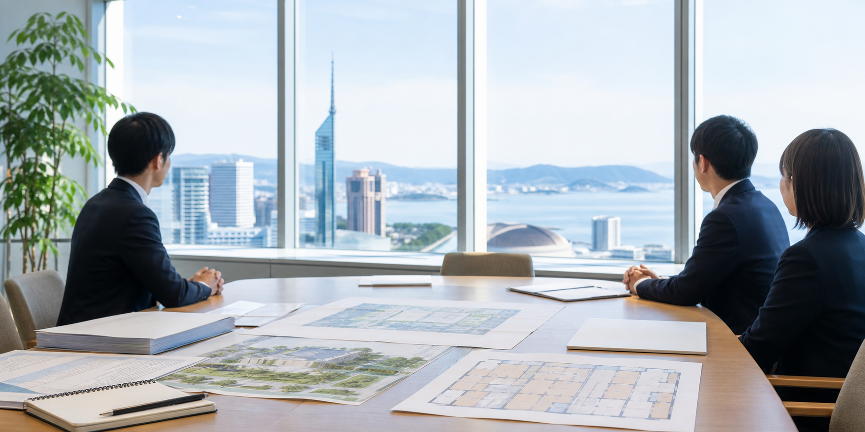 福岡の街並みを望む会議室で日本語学校M&Aを検討する様子