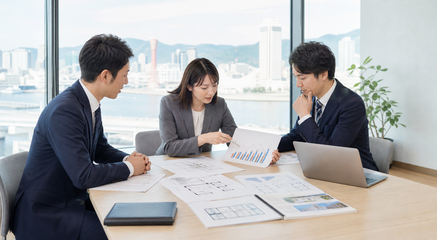 神戸の街並みを背景に日本語学校M&Aの資料を確認する実務打ち合わせ風景