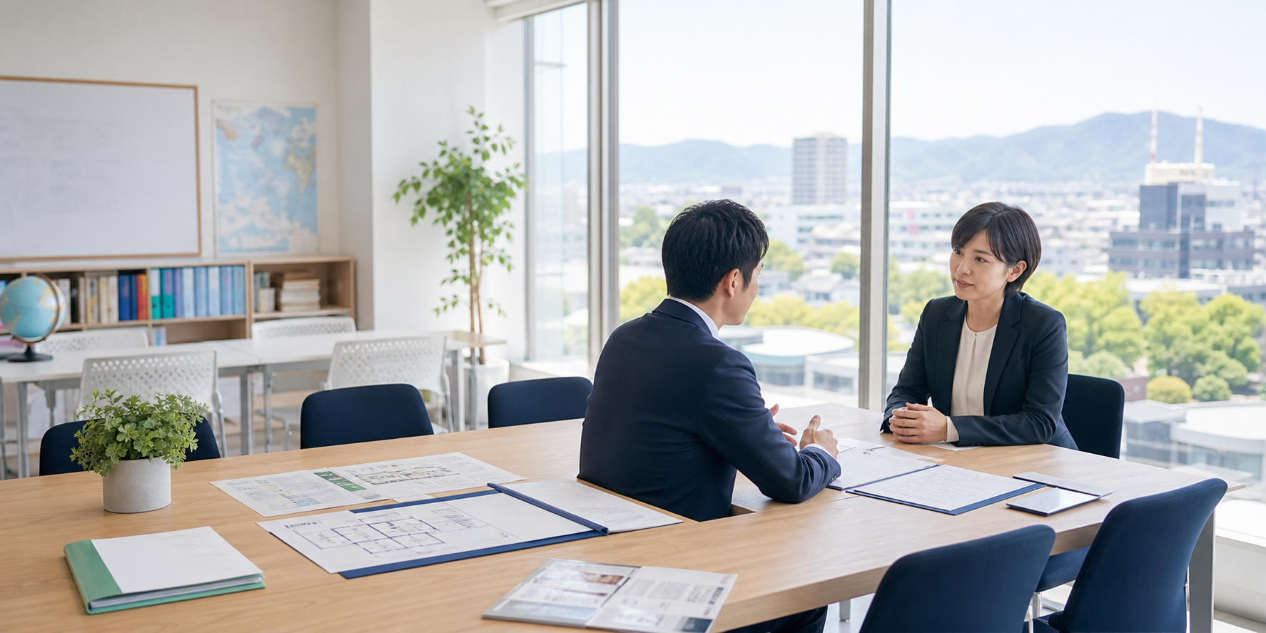 福島の日本語学校M&Aについて落ち着いた会議室で相談する場面のイメージ