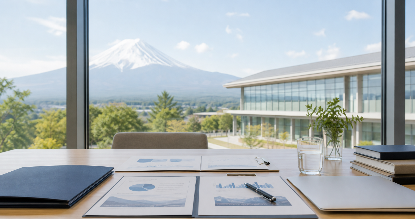 山梨の街並みと書類を背景に日本語学校M&Aの検討場面を表現したアイキャッチ画像